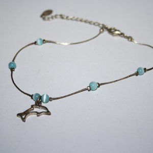 Beautiful silver and blue cats eye dolphin ankle bracelet 9.5-11.5"